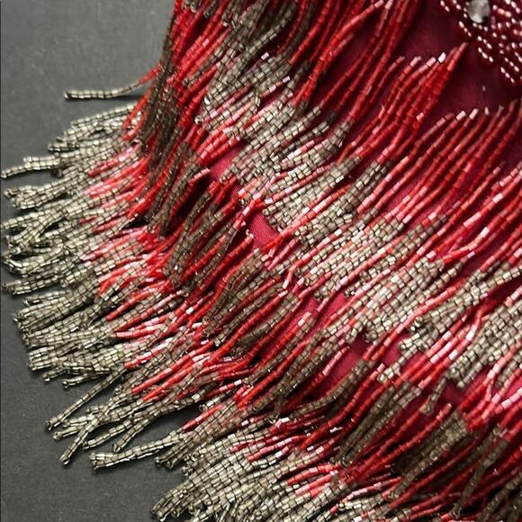 Red and Silver Fringe Handbag With Rhinestones, Metal Handle and Kiss Clasp - Picture 5 of 11